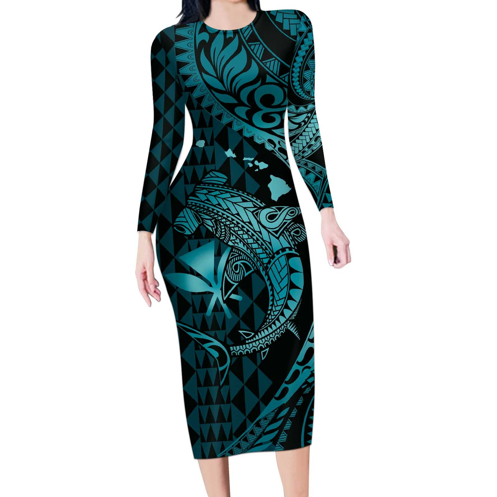 Aloha Hawaii Hammerhead Shark Long Sleeve Bodycon Dress Turquoise Kakau and Polynesian Tattoo LT03
