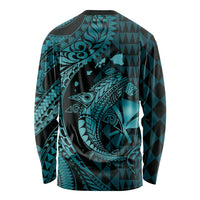 Aloha Hawaii Hammerhead Shark Long Sleeve Shirt Turquoise Kakau and Polynesian Tattoo LT03