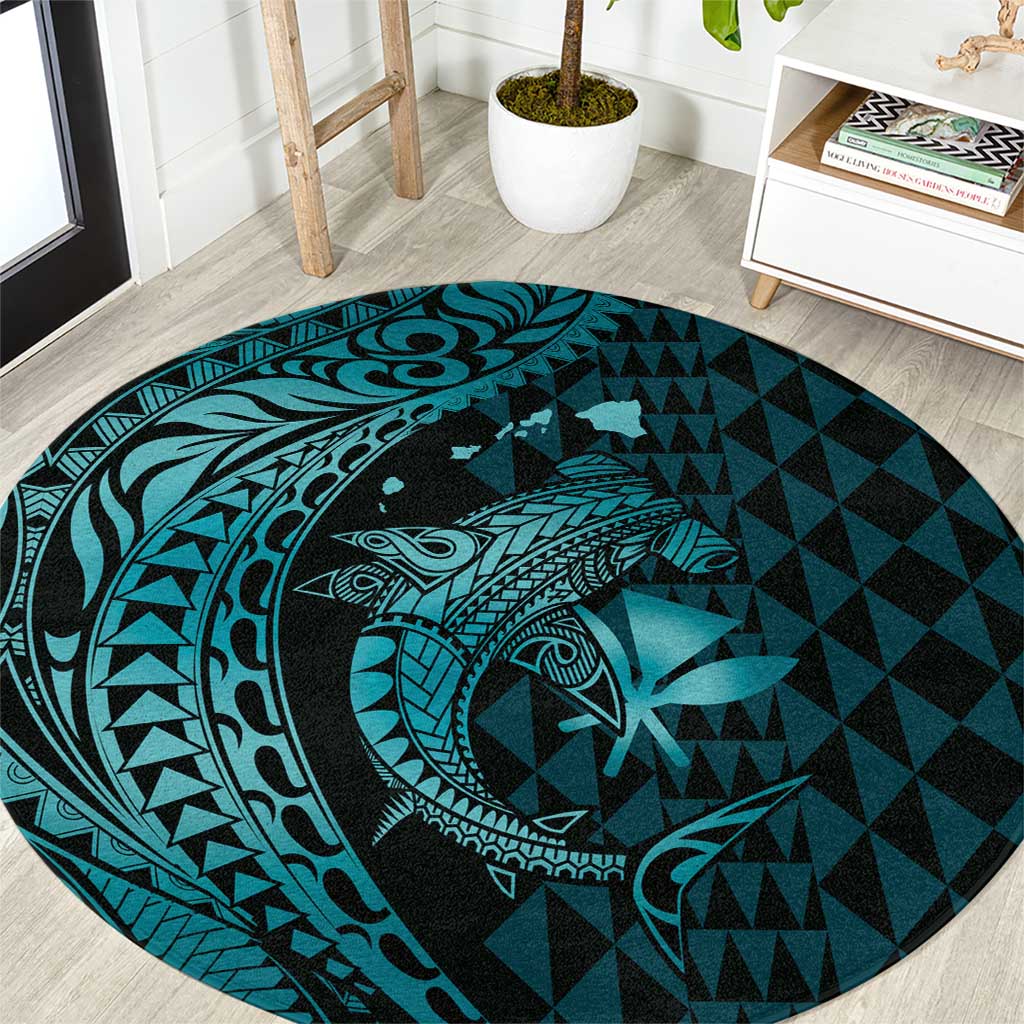 Aloha Hawaii Hammerhead Shark Round Carpet Turquoise Kakau and Polynesian Tattoo LT03 Turquoise - Polynesian Pride