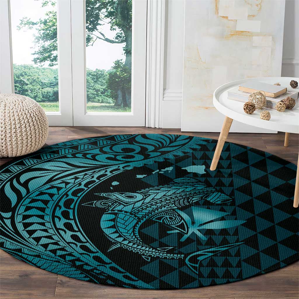 Aloha Hawaii Hammerhead Shark Round Carpet Turquoise Kakau and Polynesian Tattoo LT03 - Polynesian Pride