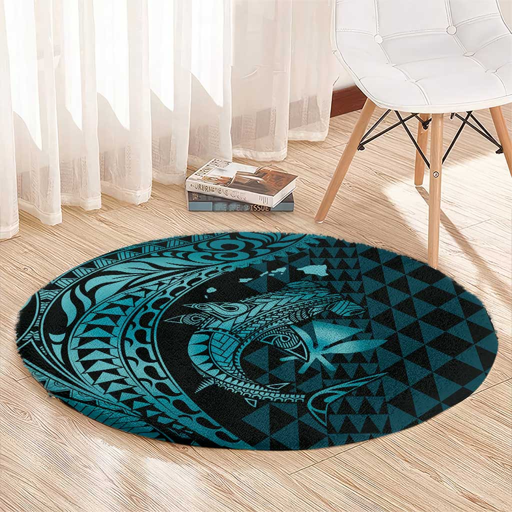Aloha Hawaii Hammerhead Shark Round Carpet Turquoise Kakau and Polynesian Tattoo LT03 - Polynesian Pride