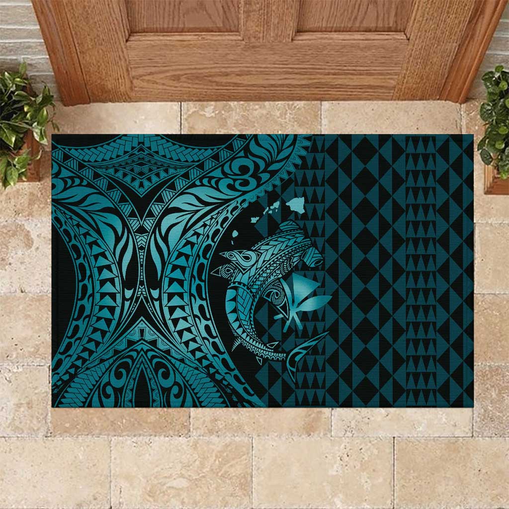 Aloha Hawaii Hammerhead Shark Rubber Doormat Turquoise Kakau and Polynesian Tattoo LT03