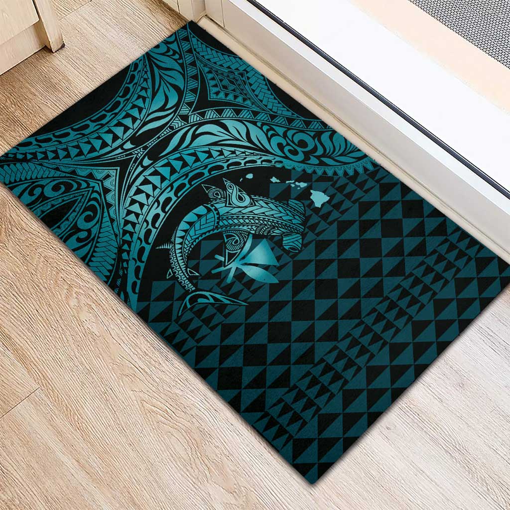 Aloha Hawaii Hammerhead Shark Rubber Doormat Turquoise Kakau and Polynesian Tattoo LT03