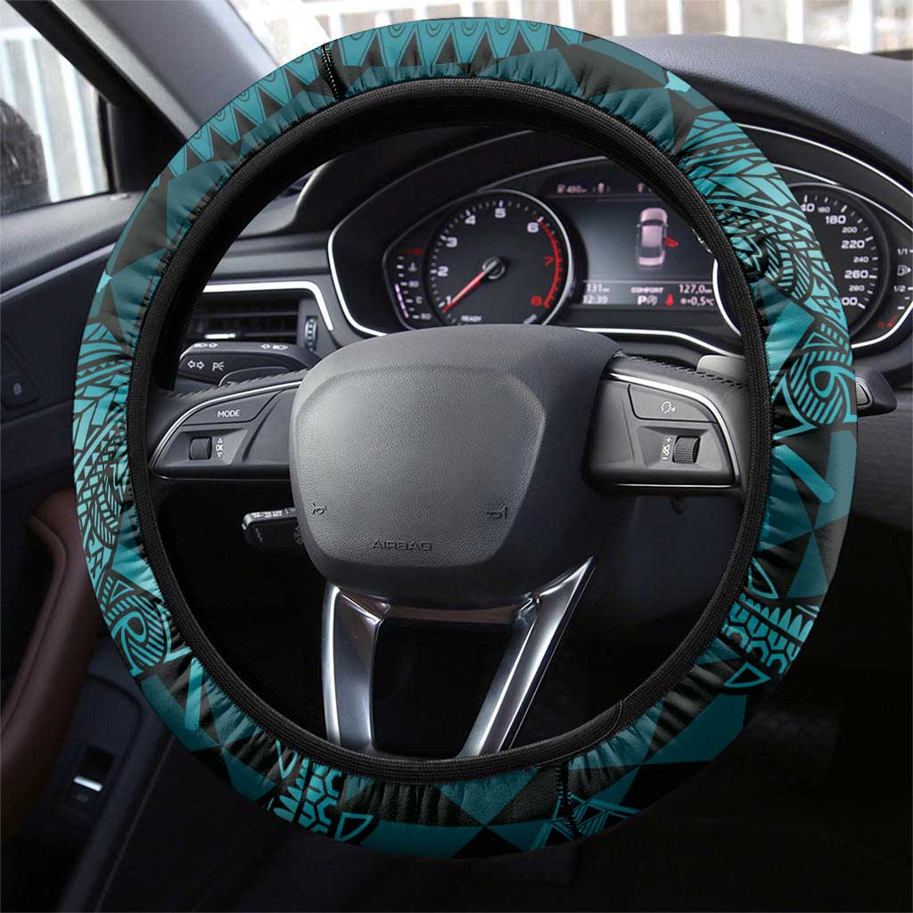 Aloha Hawaii Hammerhead Shark Steering Wheel Cover Turquoise Kakau and Polynesian Tattoo LT03