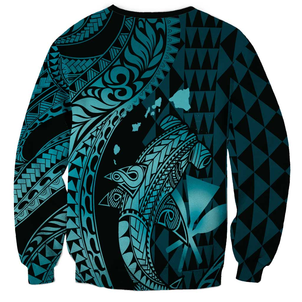 Aloha Hawaii Hammerhead Shark Sweatshirt Turquoise Kakau and Polynesian Tattoo LT03