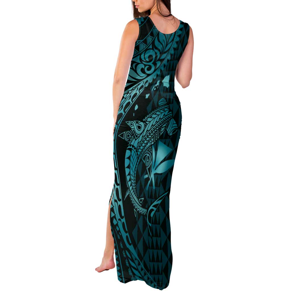 Aloha Hawaii Hammerhead Shark Tank Maxi Dress Turquoise Kakau and Polynesian Tattoo LT03