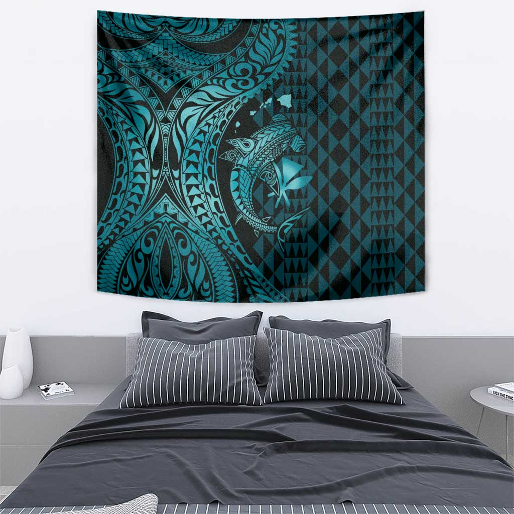 Aloha Hawaii Hammerhead Shark Tapestry Turquoise Kakau and Polynesian Tattoo LT03 - Polynesian Pride