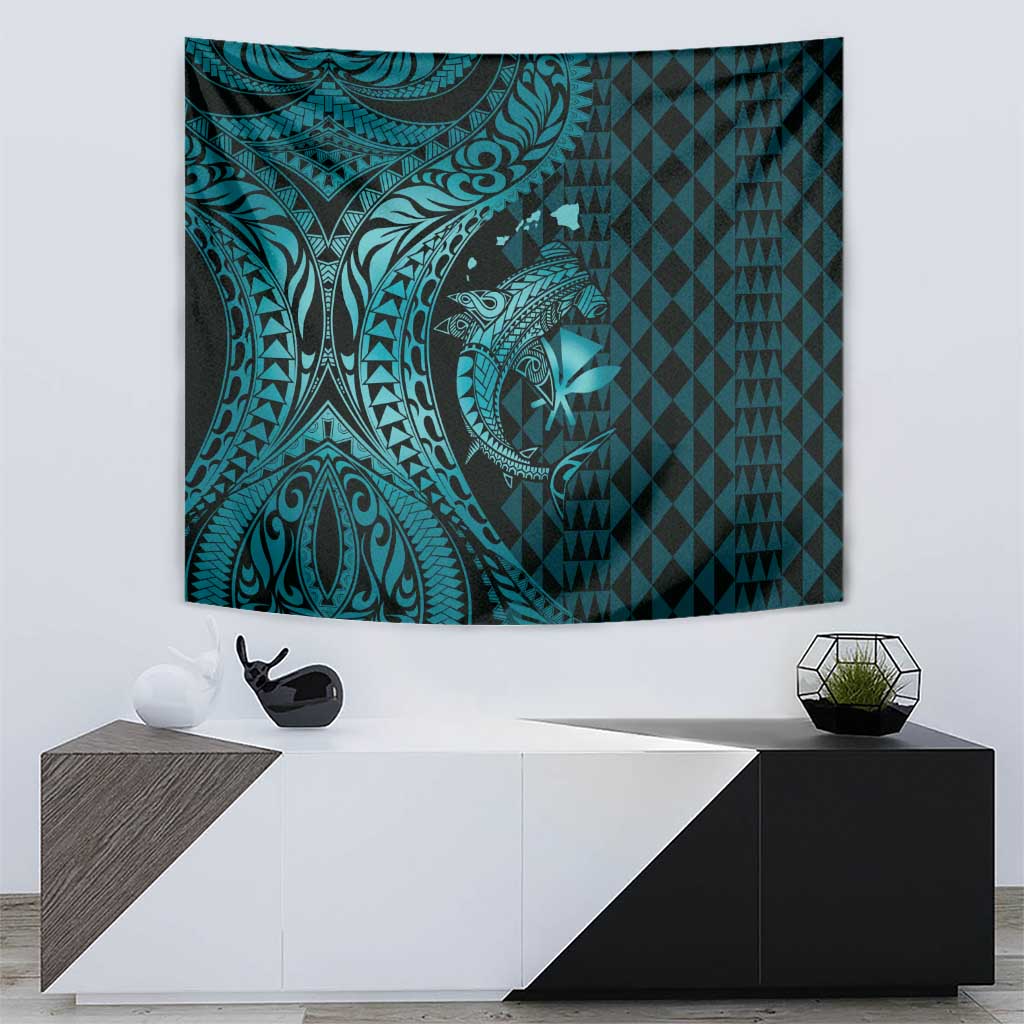 Aloha Hawaii Hammerhead Shark Tapestry Turquoise Kakau and Polynesian Tattoo LT03 - Polynesian Pride