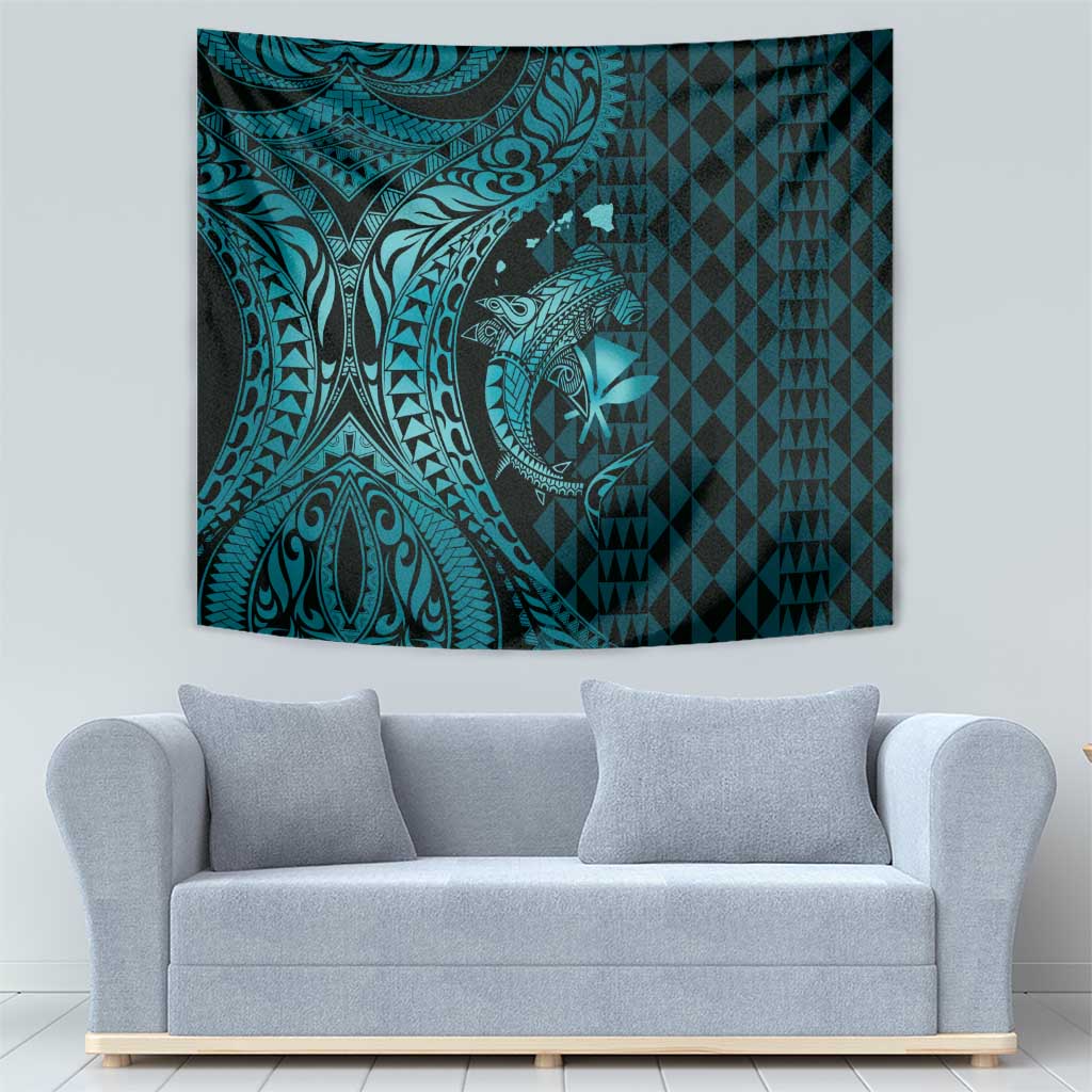 Aloha Hawaii Hammerhead Shark Tapestry Turquoise Kakau and Polynesian Tattoo LT03 - Polynesian Pride