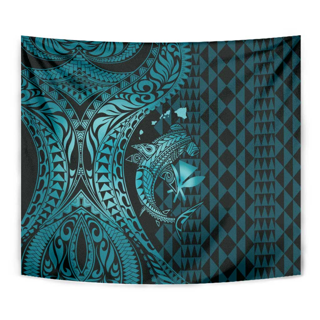Aloha Hawaii Hammerhead Shark Tapestry Turquoise Kakau and Polynesian Tattoo LT03 - Polynesian Pride