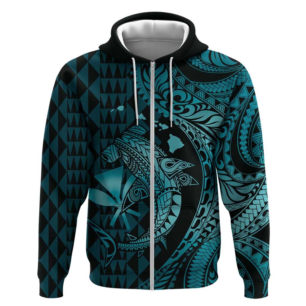 Aloha Hawaii Hammerhead Shark Zip Hoodie Turquoise Kakau and Polynesian Tattoo LT03