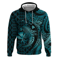 Aloha Hawaii Hammerhead Shark Zip Hoodie Turquoise Kakau and Polynesian Tattoo LT03