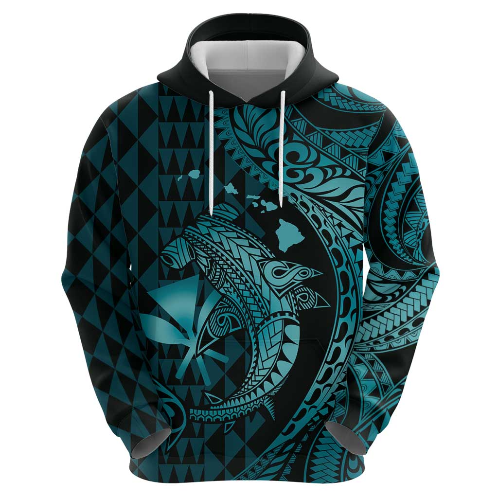 Aloha Hawaii Hammerhead Shark Zip Hoodie Turquoise Kakau and Polynesian Tattoo LT03