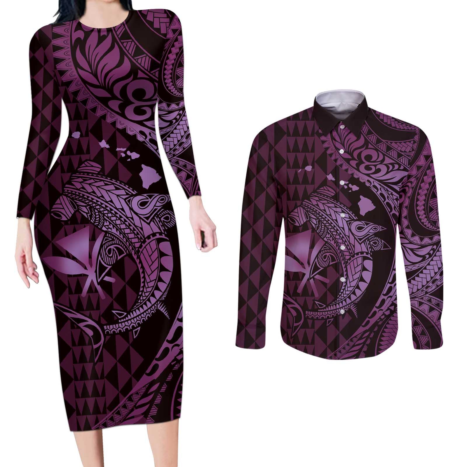 Aloha Hawaii Hammerhead Shark Couples Matching Long Sleeve Bodycon Dress and Long Sleeve Button Shirt Purple Kakau and Polynesian Tattoo LT03