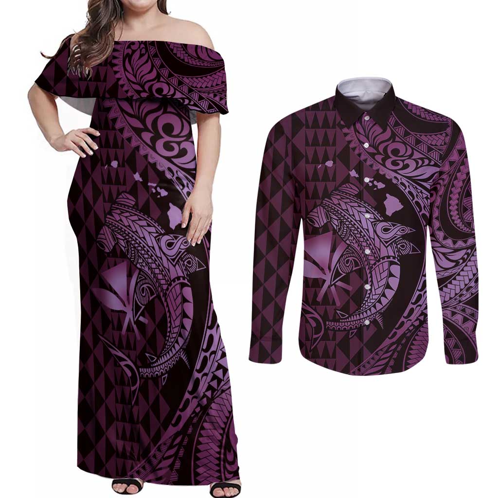 Aloha Hawaii Hammerhead Shark Couples Matching Off Shoulder Maxi Dress and Long Sleeve Button Shirt Purple Kakau and Polynesian Tattoo LT03