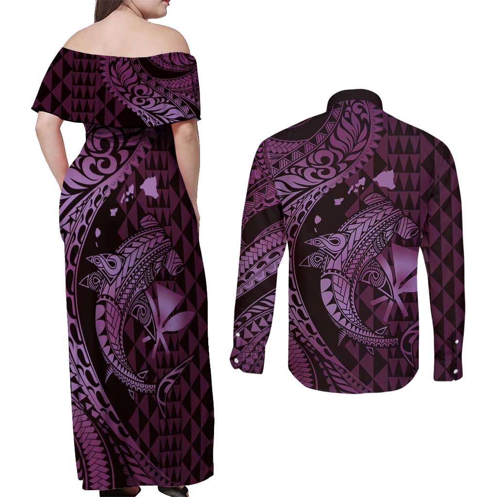 Aloha Hawaii Hammerhead Shark Couples Matching Off Shoulder Maxi Dress and Long Sleeve Button Shirt Purple Kakau and Polynesian Tattoo LT03
