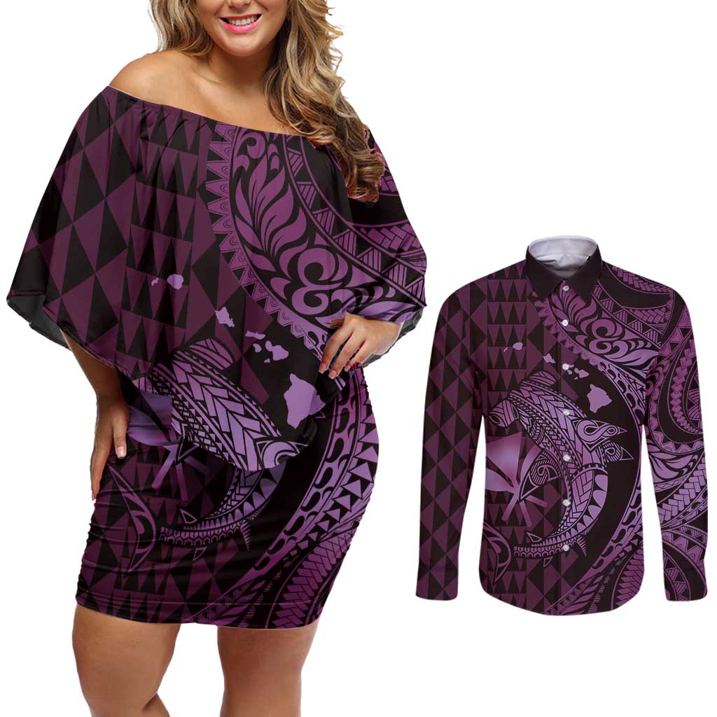 Aloha Hawaii Hammerhead Shark Couples Matching Off Shoulder Short Dress and Long Sleeve Button Shirt Purple Kakau and Polynesian Tattoo LT03
