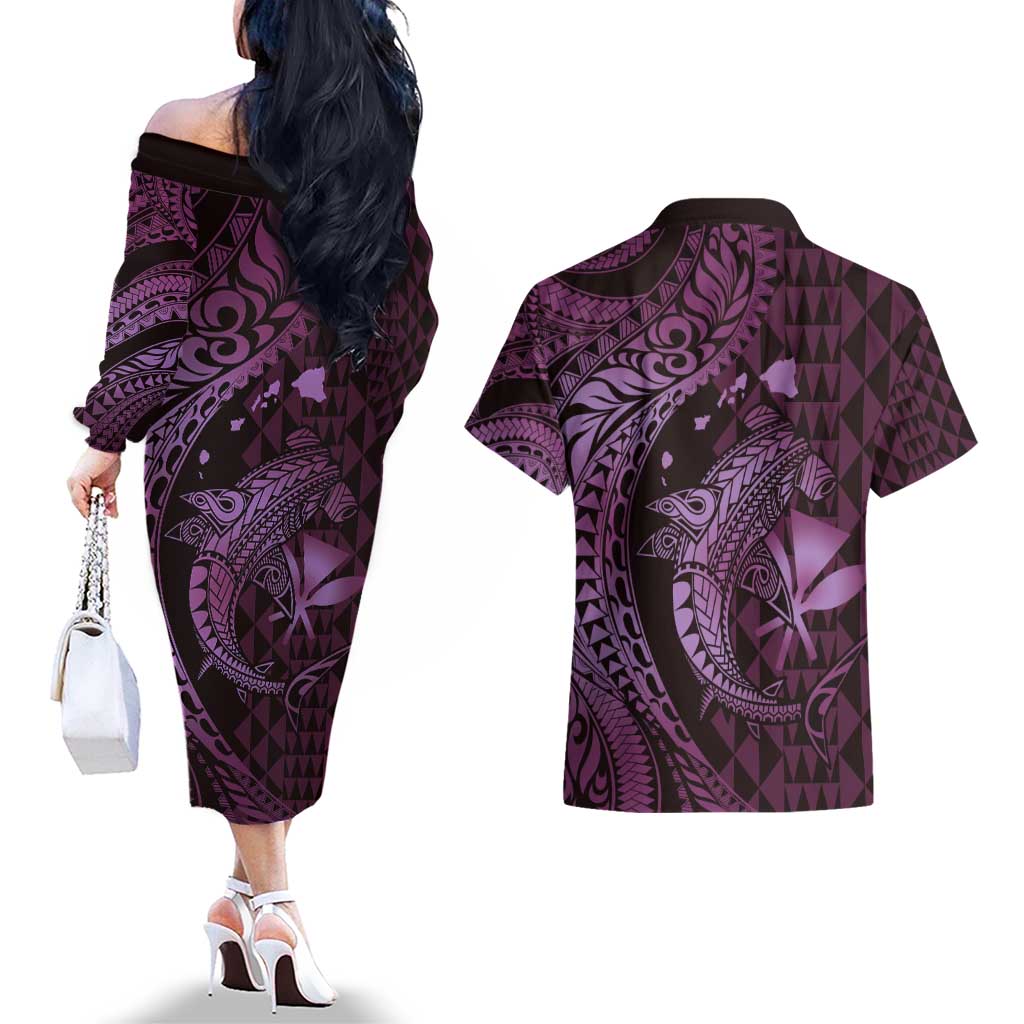Aloha Hawaii Hammerhead Shark Couples Matching Off The Shoulder Long Sleeve Dress and Hawaiian Shirt Purple Kakau and Polynesian Tattoo LT03