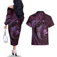 Aloha Hawaii Hammerhead Shark Couples Matching Off The Shoulder Long Sleeve Dress and Hawaiian Shirt Purple Kakau and Polynesian Tattoo LT03