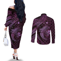 Aloha Hawaii Hammerhead Shark Couples Matching Off The Shoulder Long Sleeve Dress and Long Sleeve Button Shirt Purple Kakau and Polynesian Tattoo LT03