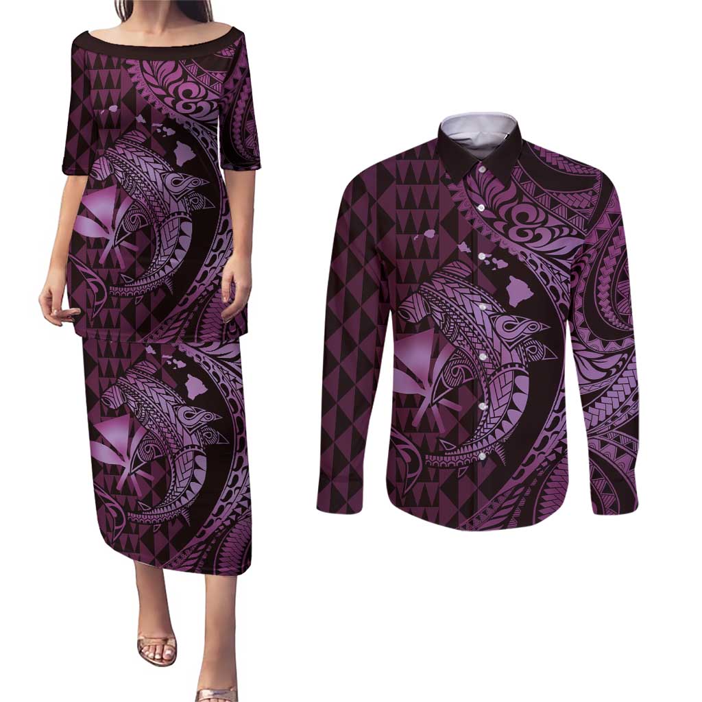 Aloha Hawaii Hammerhead Shark Couples Matching Puletasi and Long Sleeve Button Shirt Purple Kakau and Polynesian Tattoo LT03