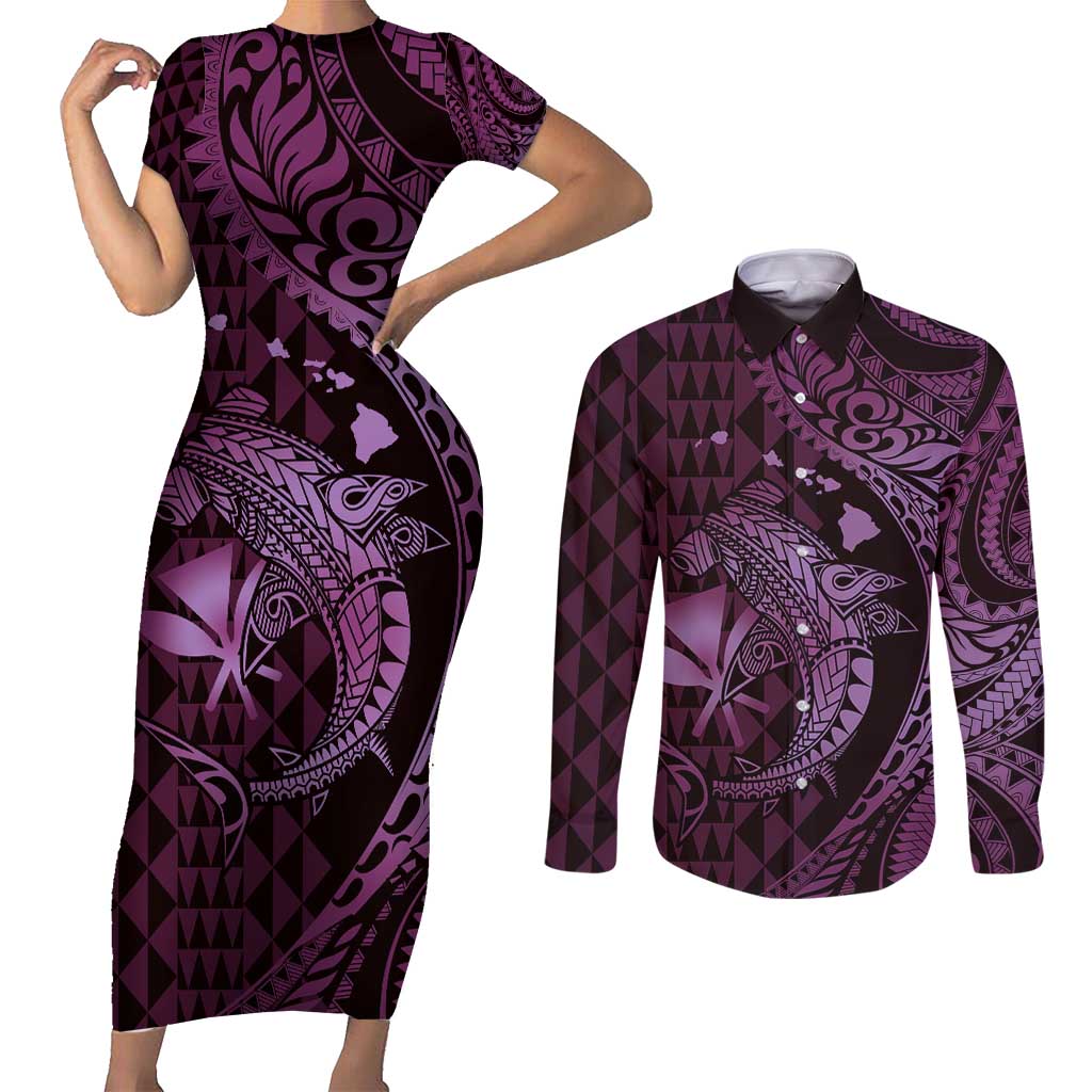 Aloha Hawaii Hammerhead Shark Couples Matching Short Sleeve Bodycon Dress and Long Sleeve Button Shirt Purple Kakau and Polynesian Tattoo LT03