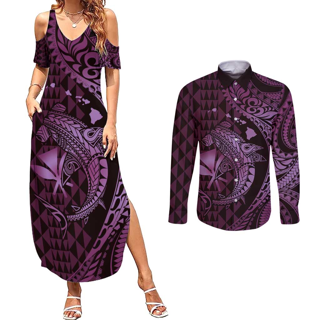 Aloha Hawaii Hammerhead Shark Couples Matching Summer Maxi Dress and Long Sleeve Button Shirt Purple Kakau and Polynesian Tattoo LT03