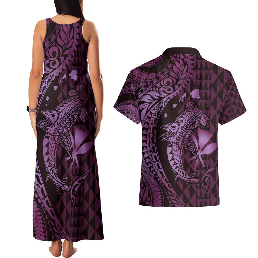 Aloha Hawaii Hammerhead Shark Couples Matching Tank Maxi Dress and Hawaiian Shirt Purple Kakau and Polynesian Tattoo LT03