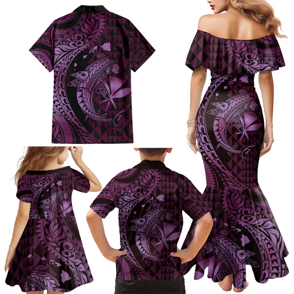 Aloha Hawaii Hammerhead Shark Family Matching Mermaid Dress and Hawaiian Shirt Purple Kakau and Polynesian Tattoo LT03