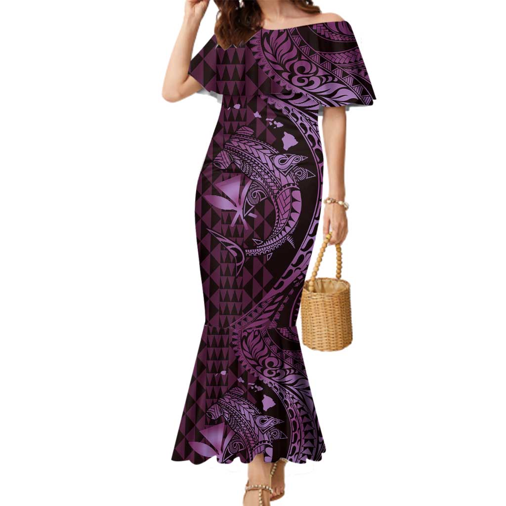 Aloha Hawaii Hammerhead Shark Family Matching Mermaid Dress and Hawaiian Shirt Purple Kakau and Polynesian Tattoo LT03