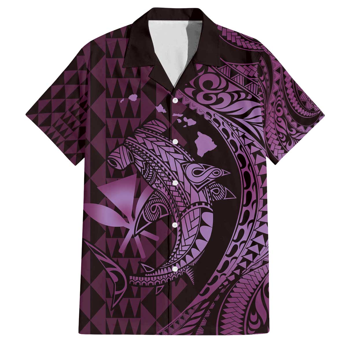 Aloha Hawaii Hammerhead Shark Family Matching Off The Shoulder Long Sleeve Dress and Hawaiian Shirt Purple Kakau and Polynesian Tattoo LT03