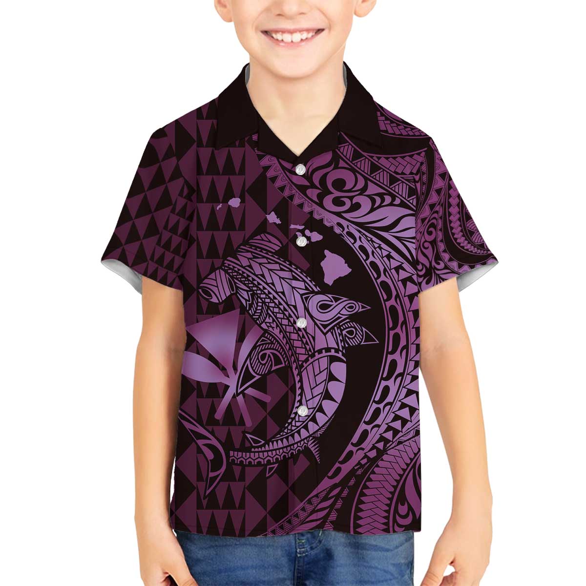 Aloha Hawaii Hammerhead Shark Family Matching Off Shoulder Short Dress and Hawaiian Shirt Purple Kakau and Polynesian Tattoo LT03