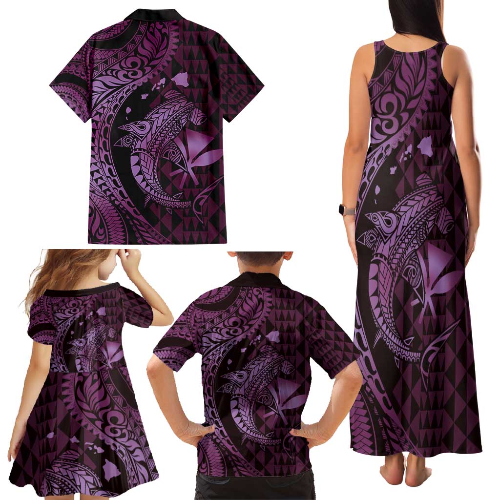 Aloha Hawaii Hammerhead Shark Family Matching Tank Maxi Dress and Hawaiian Shirt Purple Kakau and Polynesian Tattoo LT03