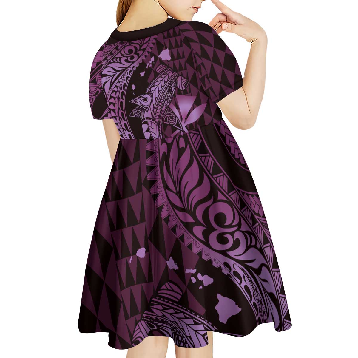Aloha Hawaii Hammerhead Shark Kid Short Sleeve Dress Purple Kakau and Polynesian Tattoo LT03