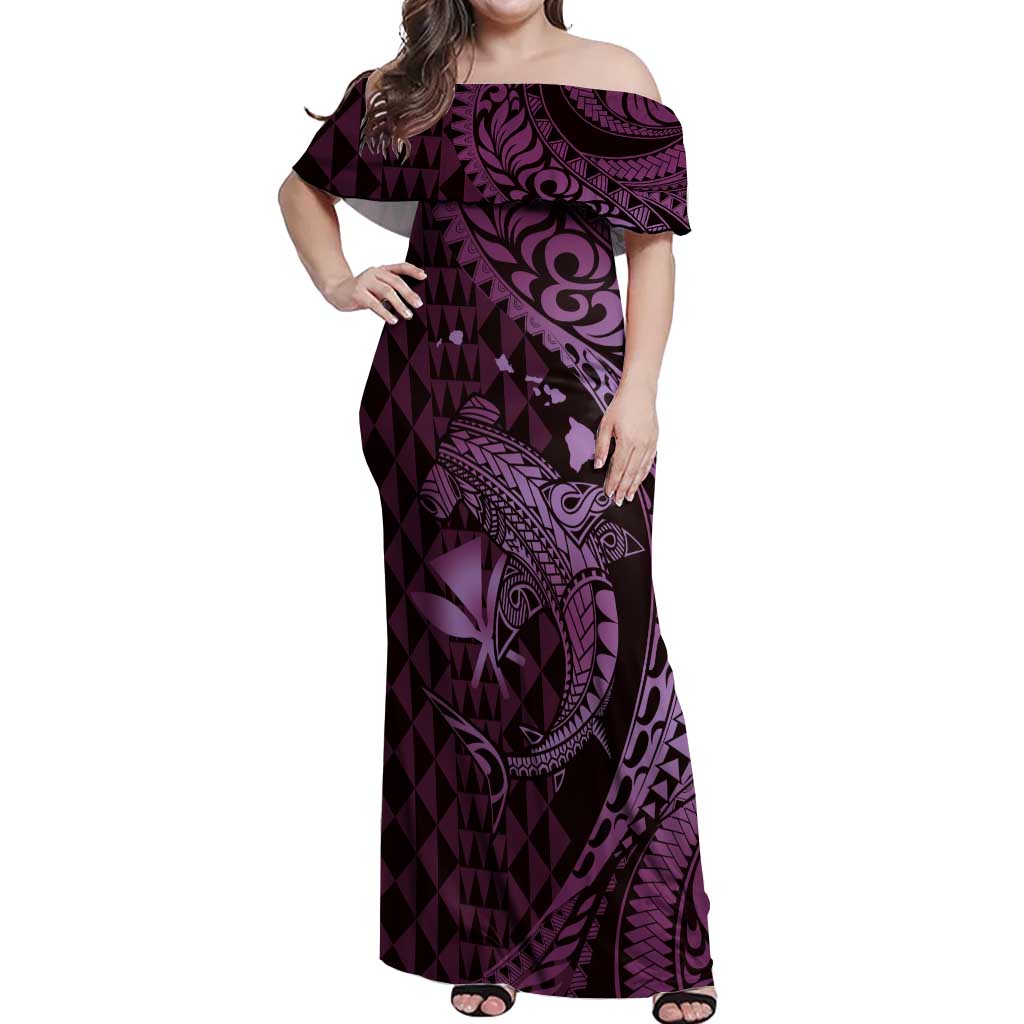 Aloha Hawaii Hammerhead Shark Off Shoulder Maxi Dress Purple Kakau and Polynesian Tattoo LT03