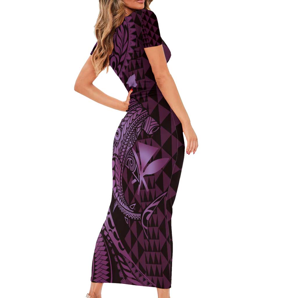 Aloha Hawaii Hammerhead Shark Short Sleeve Bodycon Dress Purple Kakau and Polynesian Tattoo LT03