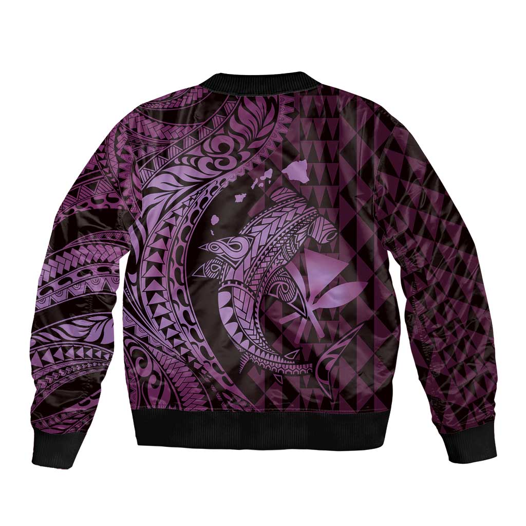 Aloha Hawaii Hammerhead Shark Sleeve Zip Bomber Jacket Purple Kakau and Polynesian Tattoo LT03