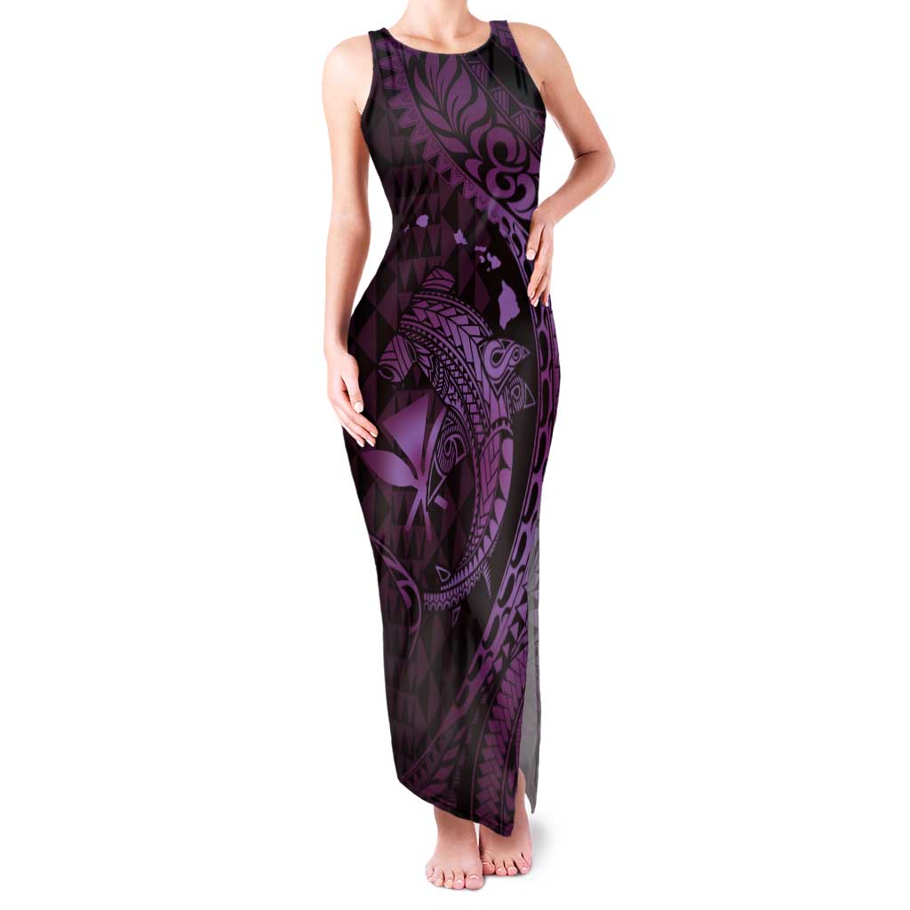 Aloha Hawaii Hammerhead Shark Tank Maxi Dress Purple Kakau and Polynesian Tattoo LT03