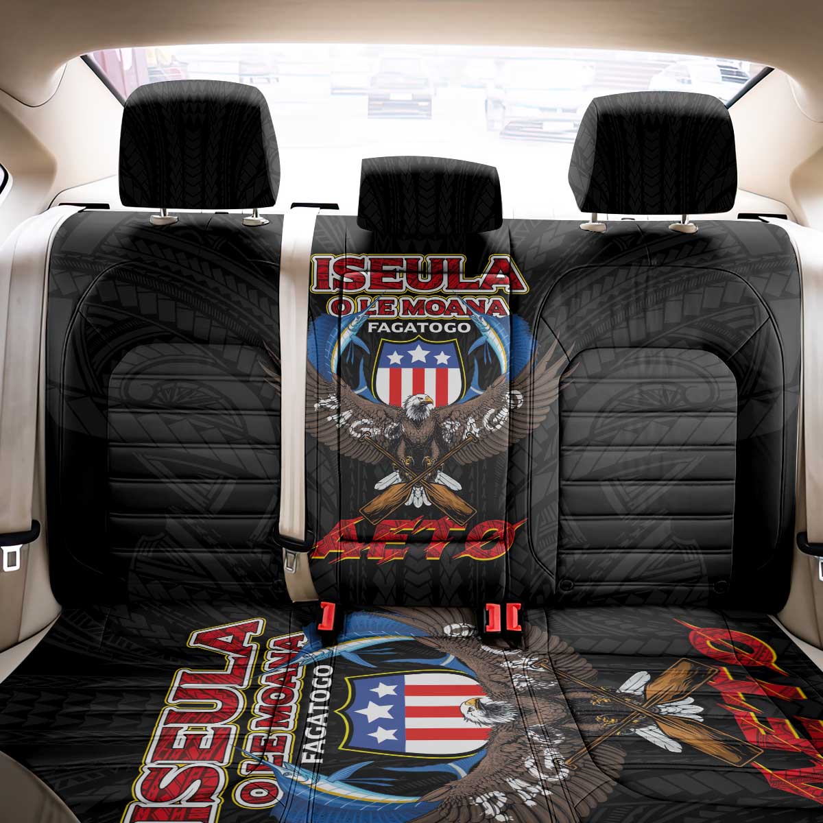 American Samoa Fautasi Back Car Seat Cover Pago Pago Aeto and Iseula o le Moana of Fagatogo Black Color - Polynesian Pride