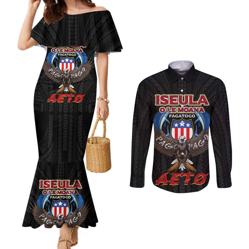 American Samoa Fautasi Couples Matching Mermaid Dress and Long Sleeve Button Shirt Pago Pago Aeto and Iseula o le Moana of Fagatogo Black Color - Polynesian Pride