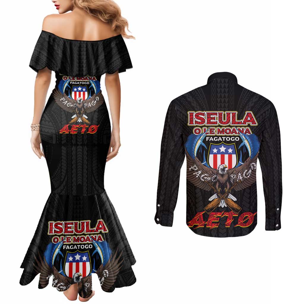 American Samoa Fautasi Couples Matching Mermaid Dress and Long Sleeve Button Shirt Pago Pago Aeto and Iseula o le Moana of Fagatogo Black Color - Polynesian Pride