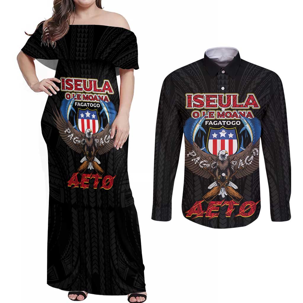 American Samoa Fautasi Couples Matching Off Shoulder Maxi Dress and Long Sleeve Button Shirt Pago Pago Aeto and Iseula o le Moana of Fagatogo Black Color - Polynesian Pride