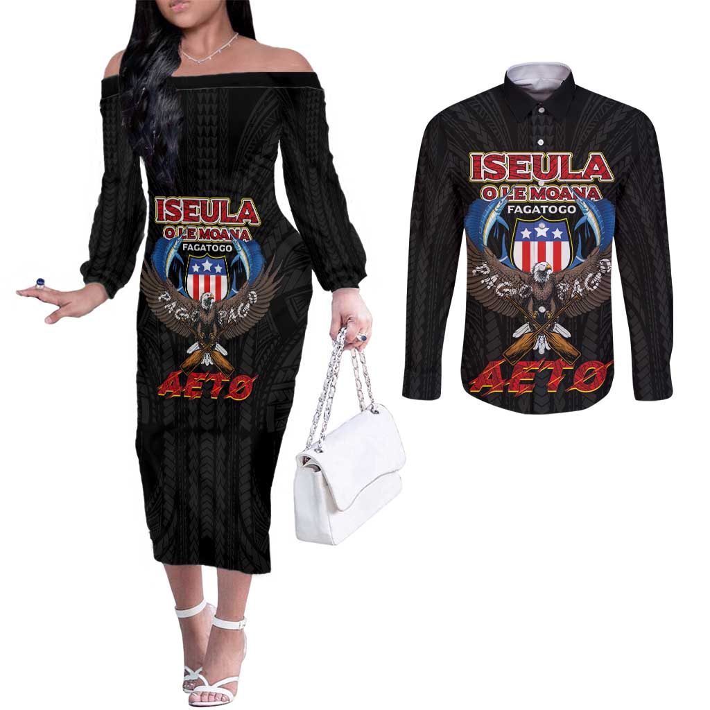 American Samoa Fautasi Couples Matching Off The Shoulder Long Sleeve Dress and Long Sleeve Button Shirt Pago Pago Aeto and Iseula o le Moana of Fagatogo Black Color - Polynesian Pride