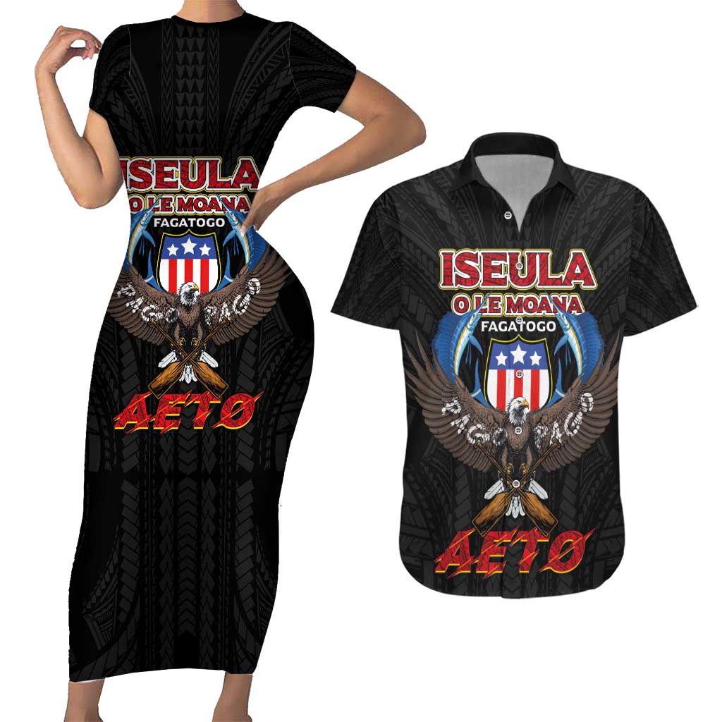 American Samoa Fautasi Couples Matching Short Sleeve Bodycon Dress and Hawaiian Shirt Pago Pago Aeto and Iseula o le Moana of Fagatogo Black Color - Polynesian Pride