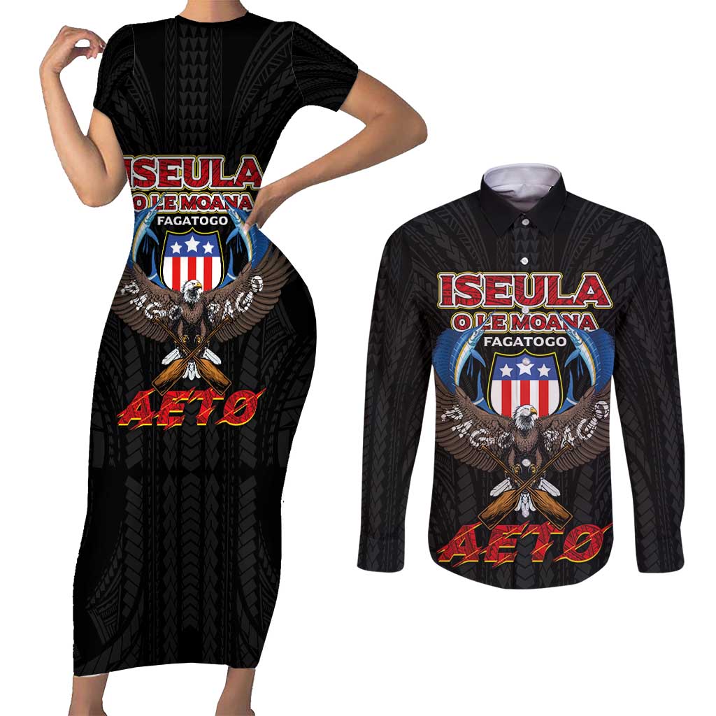 American Samoa Fautasi Couples Matching Short Sleeve Bodycon Dress and Long Sleeve Button Shirt Pago Pago Aeto and Iseula o le Moana of Fagatogo Black Color - Polynesian Pride