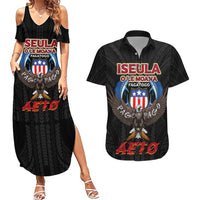 American Samoa Fautasi Couples Matching Summer Maxi Dress and Hawaiian Shirt Pago Pago Aeto and Iseula o le Moana of Fagatogo Black Color - Polynesian Pride