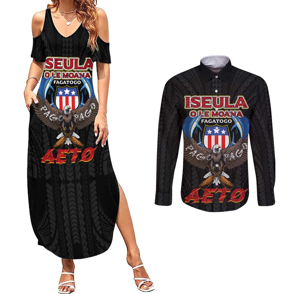 American Samoa Fautasi Couples Matching Summer Maxi Dress and Long Sleeve Button Shirt Pago Pago Aeto and Iseula o le Moana of Fagatogo Black Color - Polynesian Pride