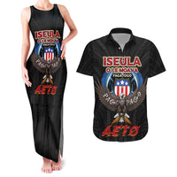 American Samoa Fautasi Couples Matching Tank Maxi Dress and Hawaiian Shirt Pago Pago Aeto and Iseula o le Moana of Fagatogo Black Color - Polynesian Pride