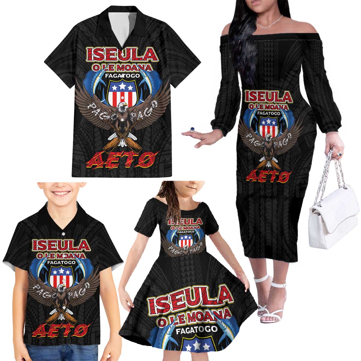 American Samoa Fautasi Family Matching Off The Shoulder Long Sleeve Dress and Hawaiian Shirt Pago Pago Aeto and Iseula o le Moana of Fagatogo Black Color - Polynesian Pride