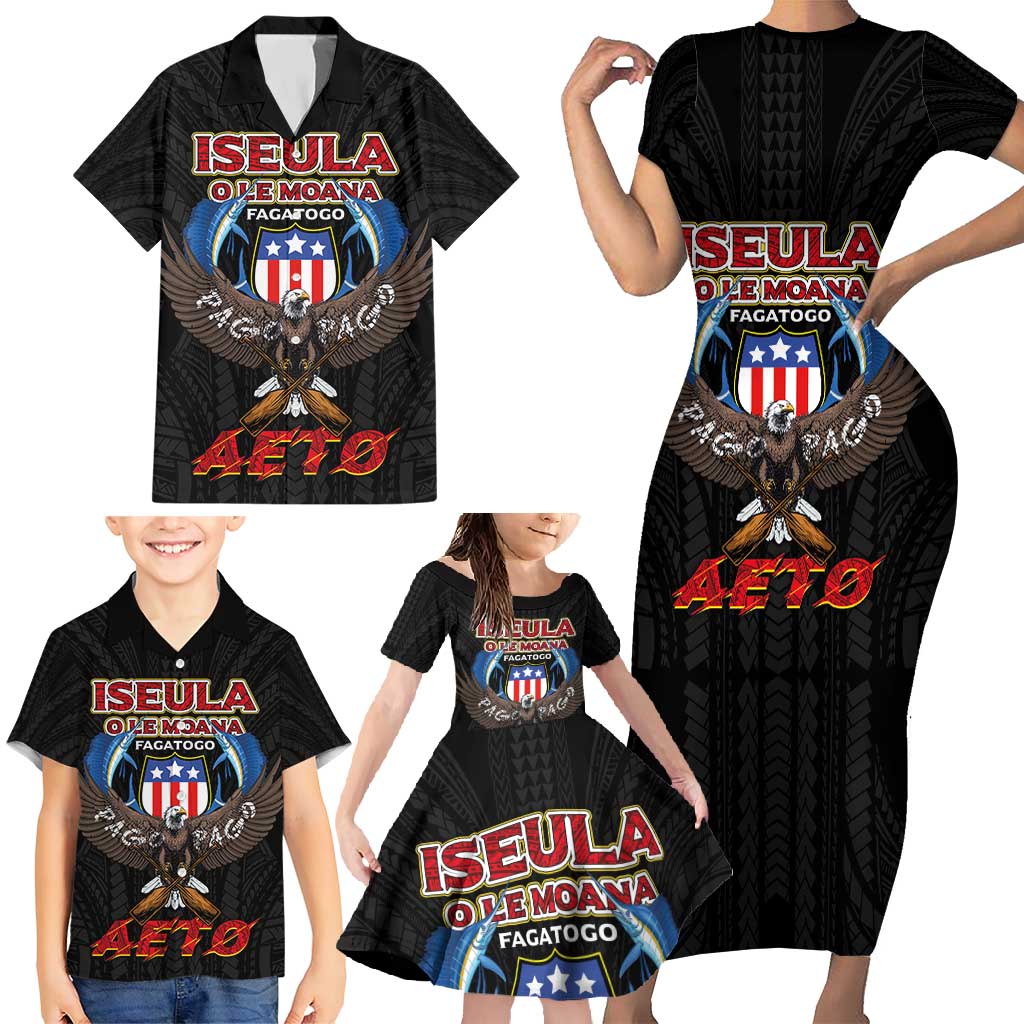 American Samoa Fautasi Family Matching Short Sleeve Bodycon Dress and Hawaiian Shirt Pago Pago Aeto and Iseula o le Moana of Fagatogo Black Color - Polynesian Pride